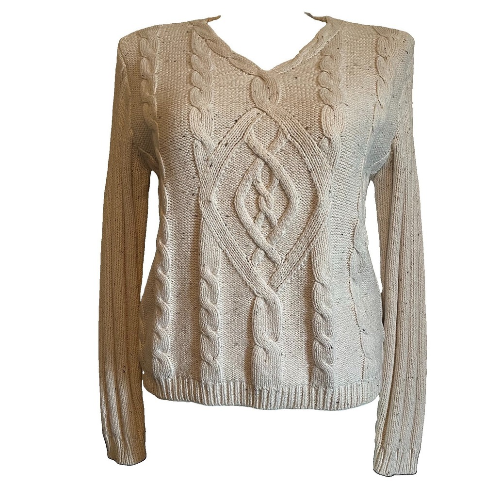 Liz Claiborne Chunky Cable Knit Sweater L Ivory/Cream Fisherman Preppy Coastal